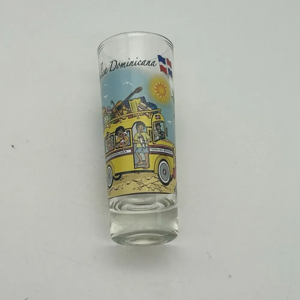 Republica Dominicana Souvenir Tall Shot Glass Hand Painted Bus Scene Dominican